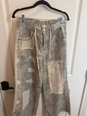 POL Neutral Patchwork Wide-Leg Pants with Crochet Details- SMALL